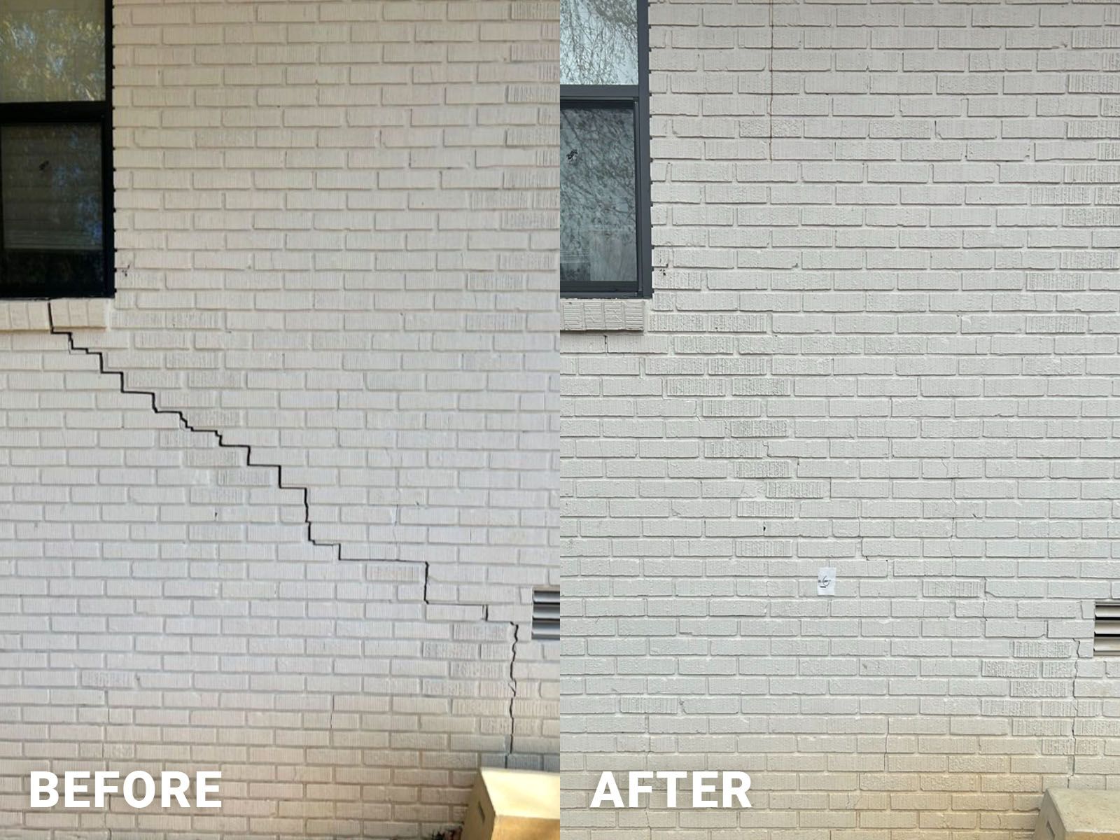 Before and After photo of crack in brick wall