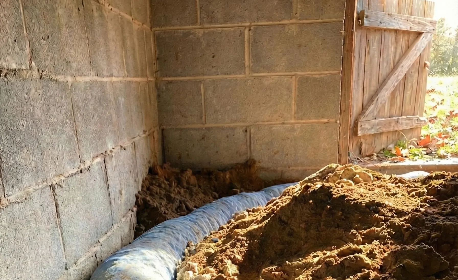 crawl space drainage pipe being run near crawl space door