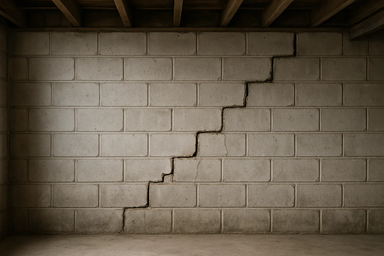 basement wall with a stair step crack going all the way up the wall